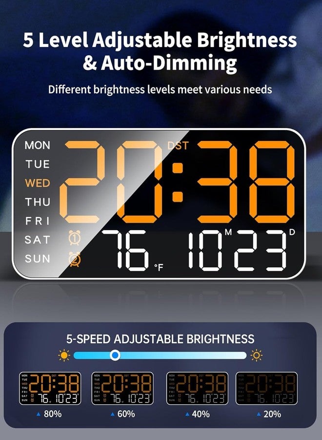 نيام ساعة حائط نيام الرقمية البلاستيكية LED مقاس 9 بوصات مع التاريخ واليوم ودرجة الحرارة ومنبهين وتحكم صوتي وسطوع قابل للتعديل، تعمل بمنفذ USB، مثالية لغرفة النوم والمكتب وديكور المنزل (برتقالي رقمي، أبيض 6659) - Image 3